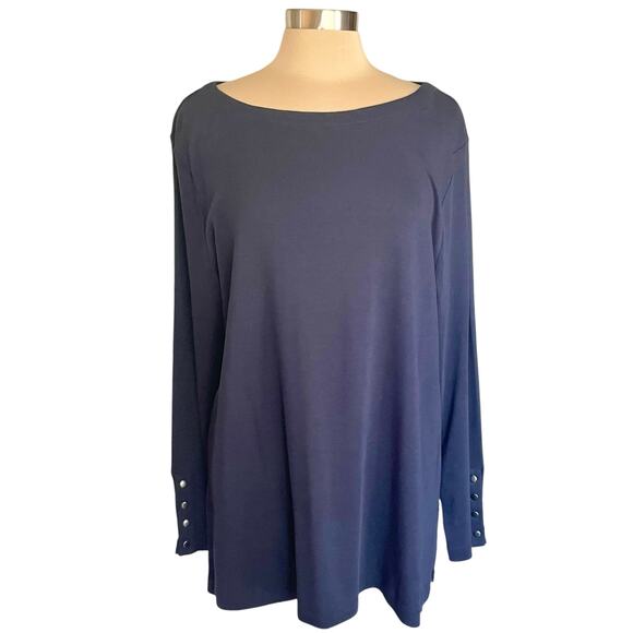 Chico's Navy Blue Knit Tunic Boat Neck Snap Cuff XXL Pima Cotton Fall Casual - Picture 1 of 7